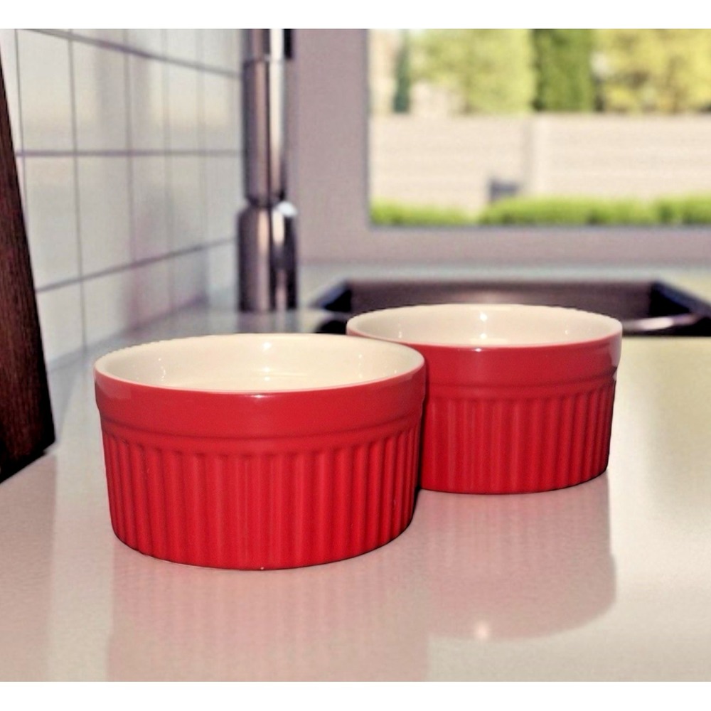 HIC Ramekin Set 4 oz (2pc) Red & White Kitchen Bakeware - NO CHIPS! FAST SHIP!